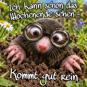Maulwurf mit dicker Brille schaut aus einem Erdhügel, Text: Ich kann schon das Wochenende sehen – Kommt gut rein