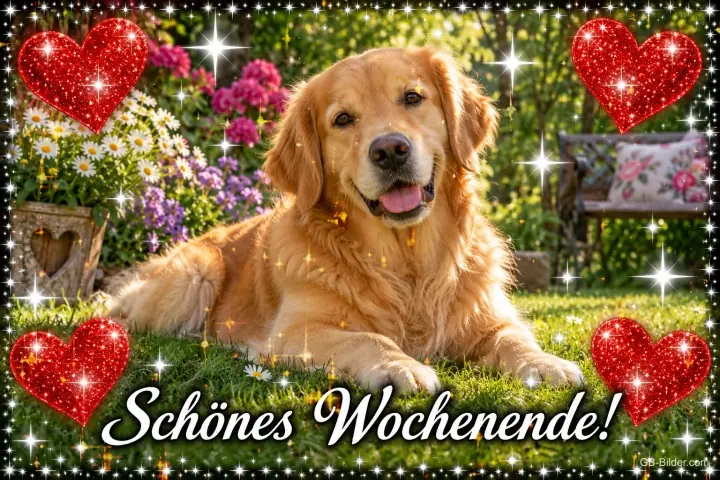 Golden Retriever liegt im blühenden Garten, glitzernde rote Herzen, Text: Schönes Wochenende!