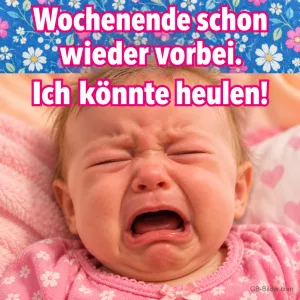 Baby weint herzzerreißend auf einer Decke, Text: Wochenende schon wieder vorbei. Ich könnte heulen!