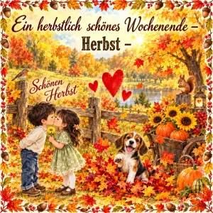 Junge und Mädchen küssen sich im Herbstlaub, daneben ein Beagle-Welpe und Kürbisse, Text: Ein herbstlich schönes Wochenende – Herbst – Schönen Herbst