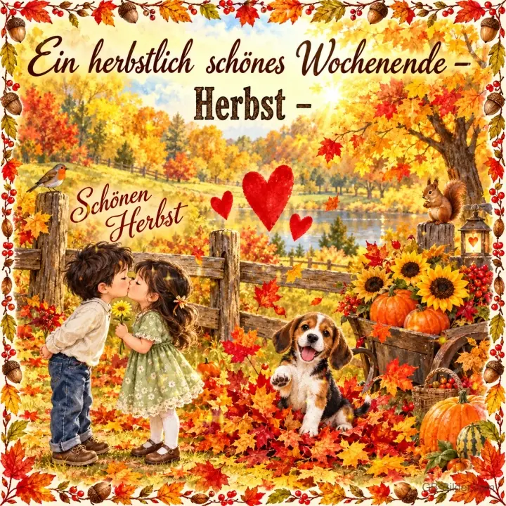 Junge und Mädchen küssen sich im Herbstlaub, daneben ein Beagle-Welpe und Kürbisse, Text: Ein herbstlich schönes Wochenende – Herbst – Schönen Herbst