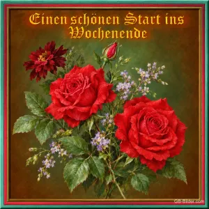 Gemalter Rosenstrauß im Rahmen, Text: Einen schönen Start ins Wochenende