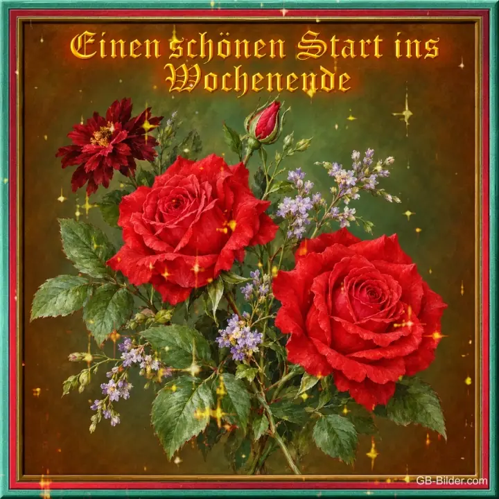 Gemalter Rosenstrauß im Rahmen, Text: Einen schönen Start ins Wochenende