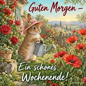 Hase mit Gießkanne im Garten, Text: Guten Morgen