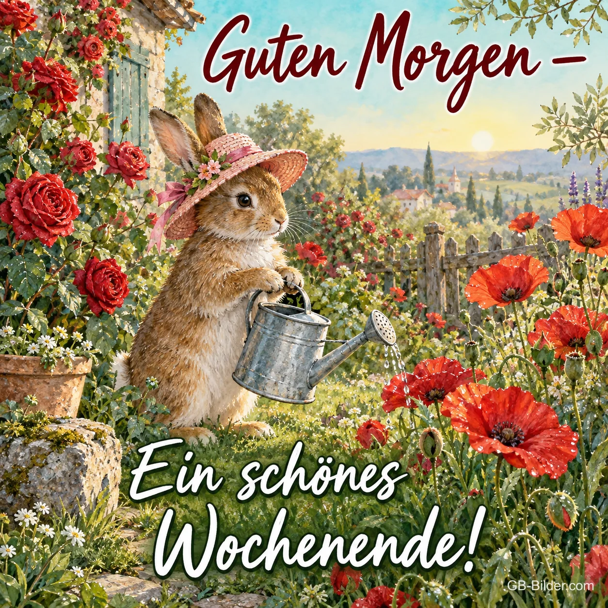 Hase mit Gießkanne im Garten, Text: Guten Morgen