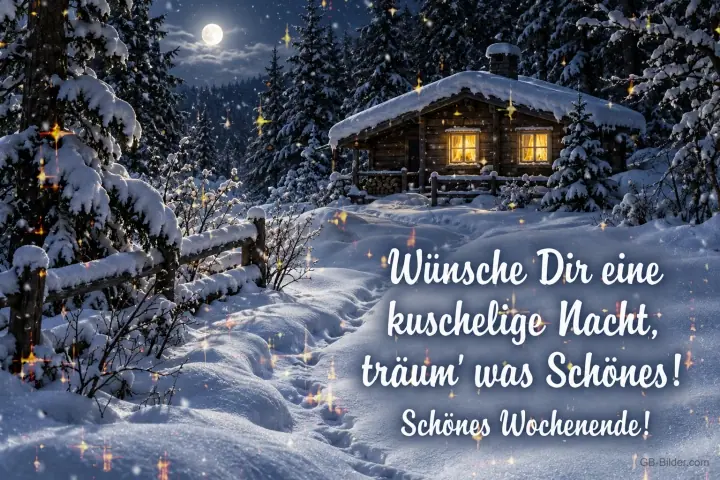 Verschneite Holzhütte bei Mondschein, Text: Wünsche Dir eine kuschelige Nacht, Schönes Wochenende!