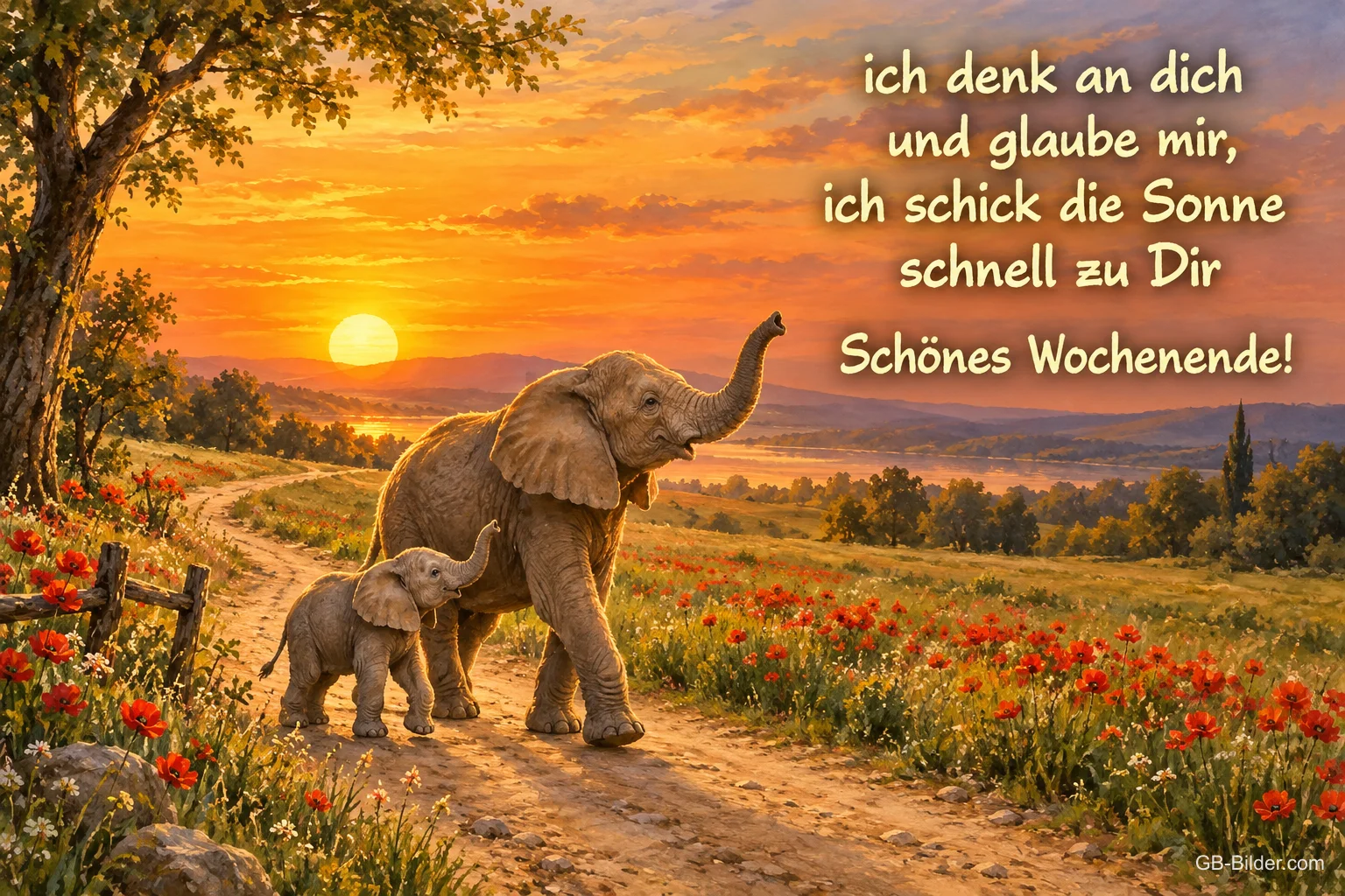 Elefanten im Sonnenuntergang, Text: ich denk an dich und glaube mir, ich schick die Sonne schnell zu Dir