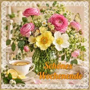 Blumenstrauß mit Schmetterlingen und Zitronentee, Text: Schönes Wochenende