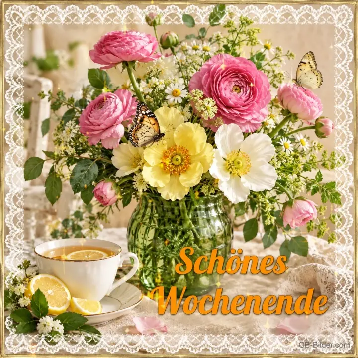 Blumenstrauß mit Schmetterlingen und Zitronentee, Text: Schönes Wochenende