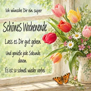 Tulpen am Fenster mit Schmetterling, Text: Ich wünsche Dir ein super Schönes Wochenende