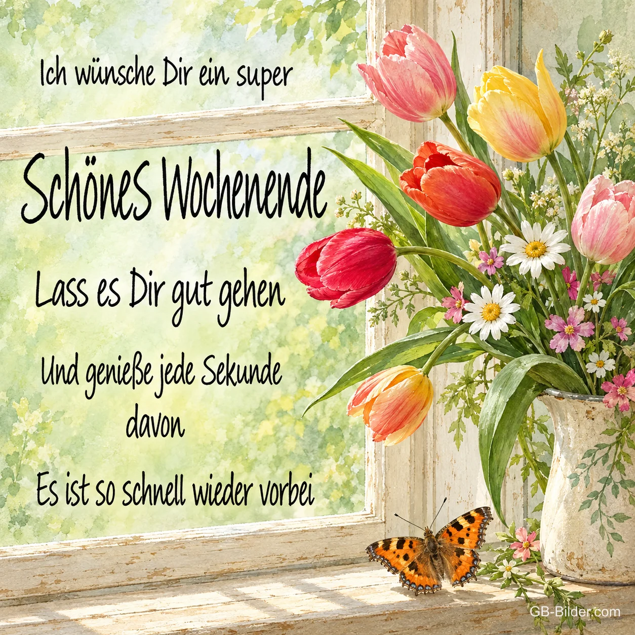 Tulpen am Fenster mit Schmetterling, Text: Ich wünsche Dir ein super Schönes Wochenende