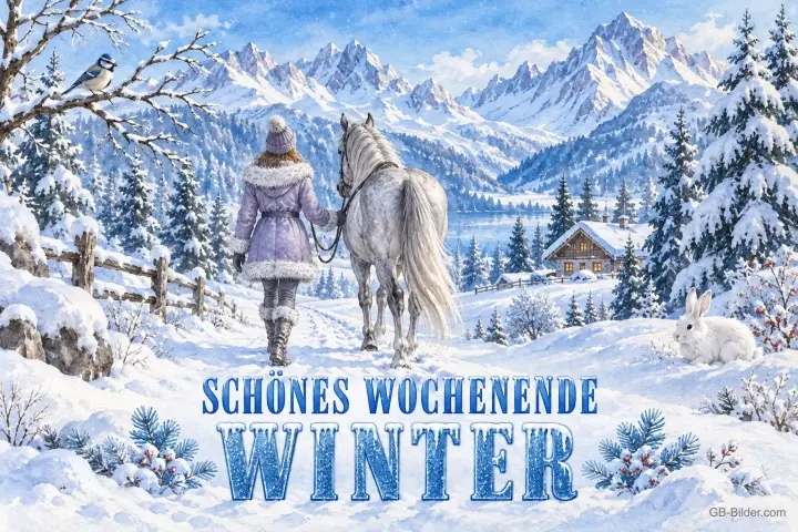 Frau mit weißem Pferd im Schnee, Text: Schönes Wochenende – Winter