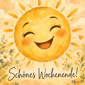 Lachende Sonne mit Gänseblümchen, Text: Schönes Wochenende!