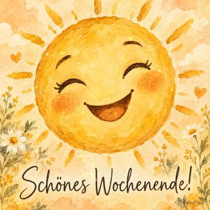 Lachende Sonne mit Gänseblümchen, Text: Schönes Wochenende!