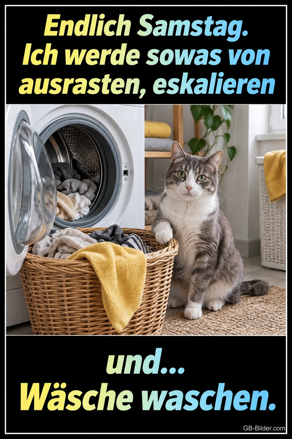 Katze vor der Waschmaschine, lustiger Spruch, Text: Endlich Samstag Katze vor der Waschmaschine, lustiger Spruch, Text: Endlich Samstag