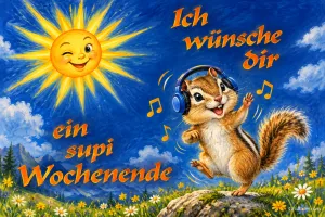 Streifenhörnchen mit Kopfhörern tanzt, zwinkernde Sonne am Himmel, Text: Ich wünsche dir ein supi Wochenende