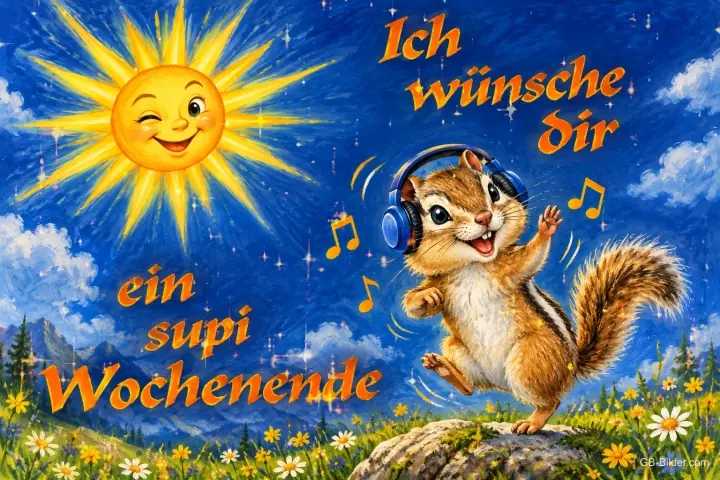 Streifenhörnchen mit Kopfhörern tanzt, zwinkernde Sonne am Himmel, Text: Ich wünsche dir ein supi Wochenende