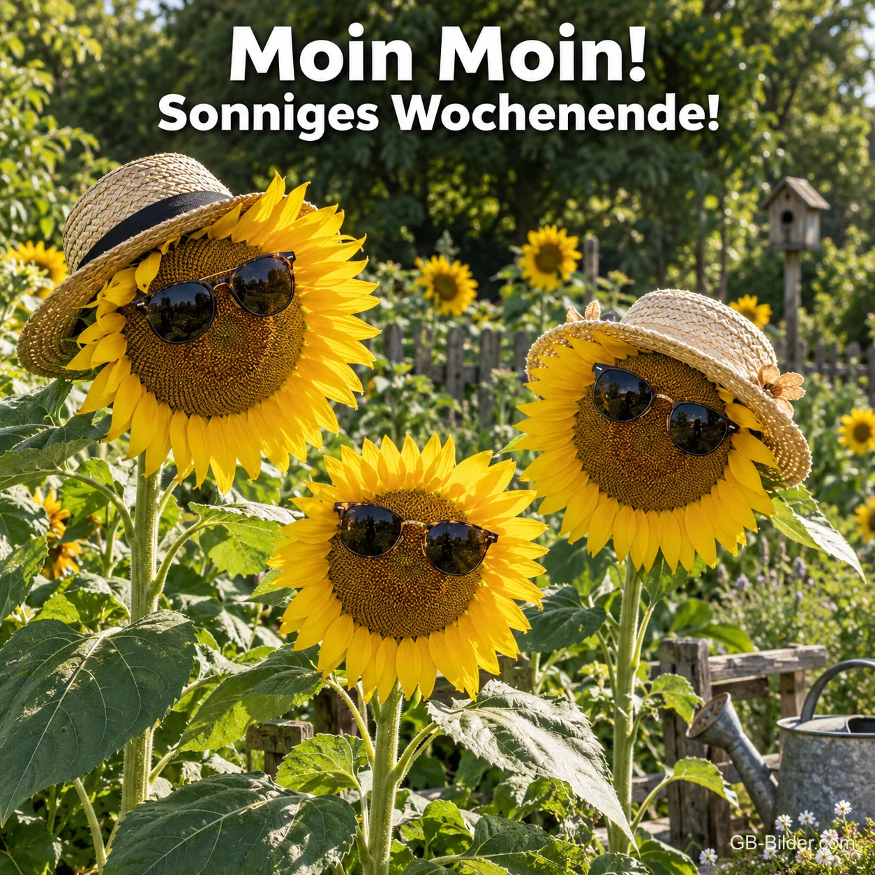 Sonnenblumen mit Sonnenbrillen und Strohhüten im Garten, Text: Moin Moin! Sonniges Wochenende!