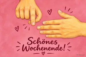 Zwei Hände auf Rosa mit Herzen, Text: Schönes Wochenende!