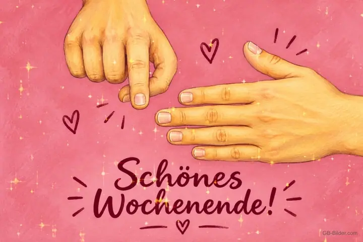 Zwei Hände auf Rosa mit Herzen, Text: Schönes Wochenende!