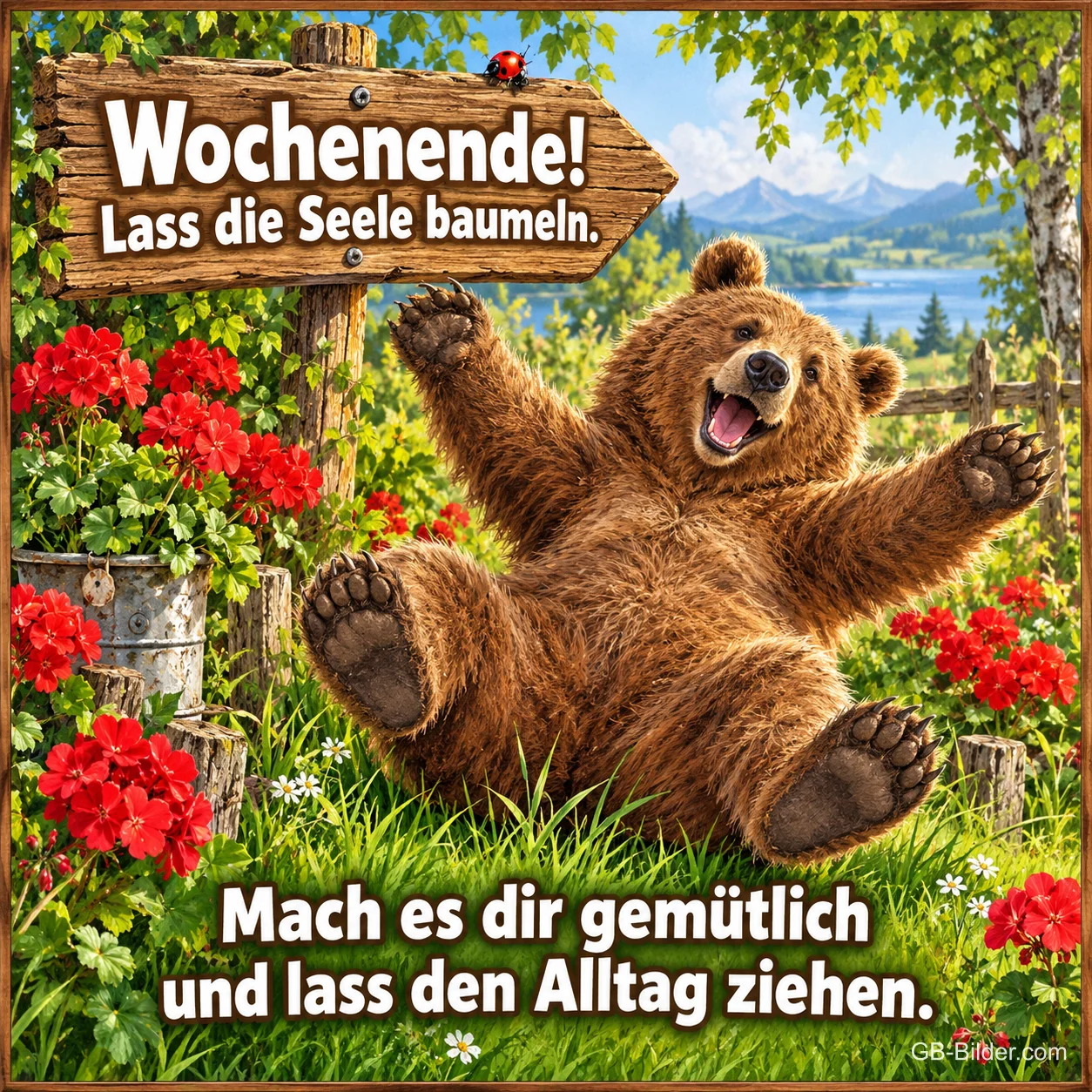 Bär liegt jubelnd im Gras neben einem Wegweiser und roten Geranien, Text: Wochenende! Lass die Seele baumeln. Mach es dir gemütlich und lass den Alltag ziehen.