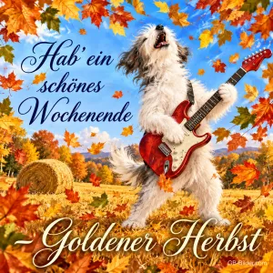 Weißer Hund spielt E-Gitarre und heult zwischen bunten Herbstblättern, Text: Hab' ein schönes Wochenende – Goldener Herbst