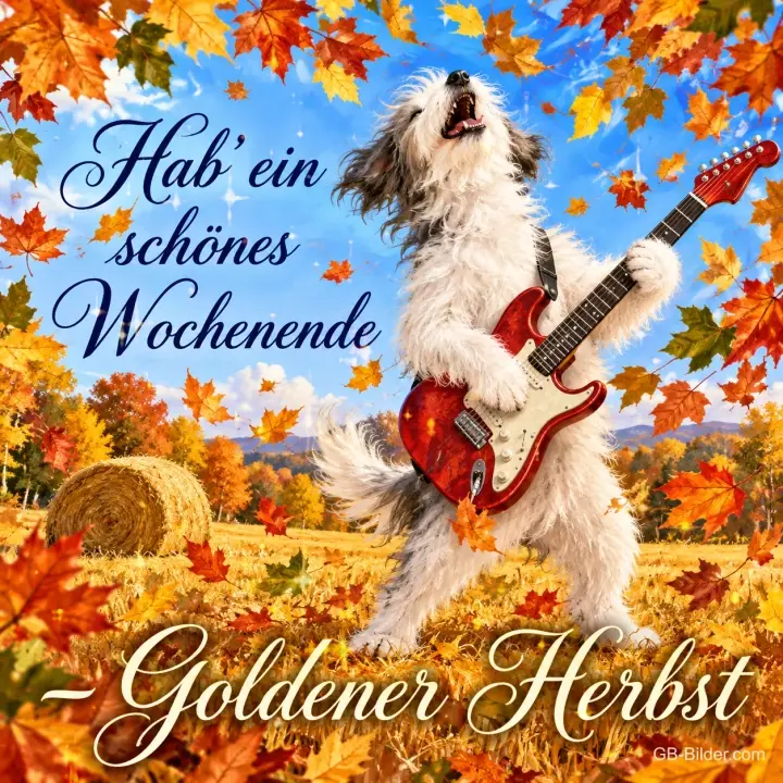 Weißer Hund spielt E-Gitarre und heult zwischen bunten Herbstblättern, Text: Hab' ein schönes Wochenende – Goldener Herbst