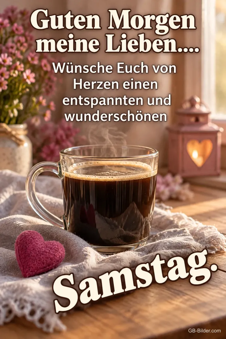 Kaffeetasse mit Herz, Text: Guten Morgen meine Lieben