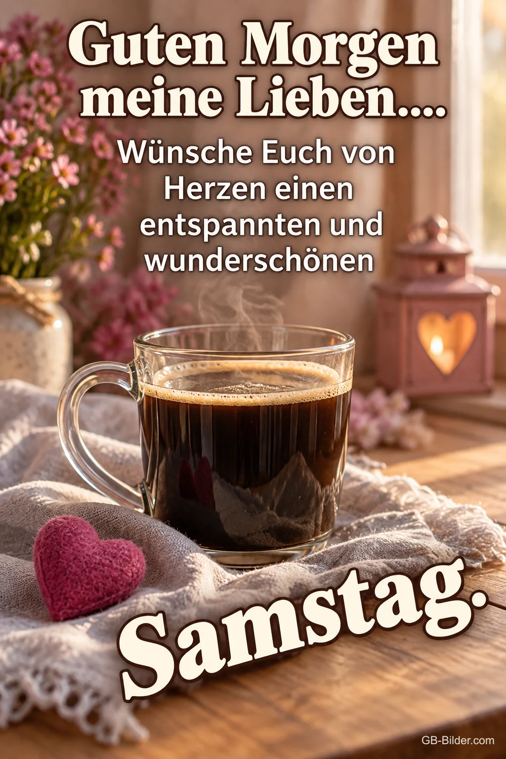Kaffeetasse mit Herz, Text: Guten Morgen meine Lieben