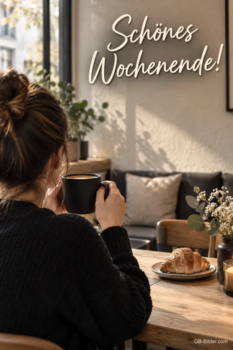 Frau mit Kaffee im Café, Text: Schönes Wochenende!