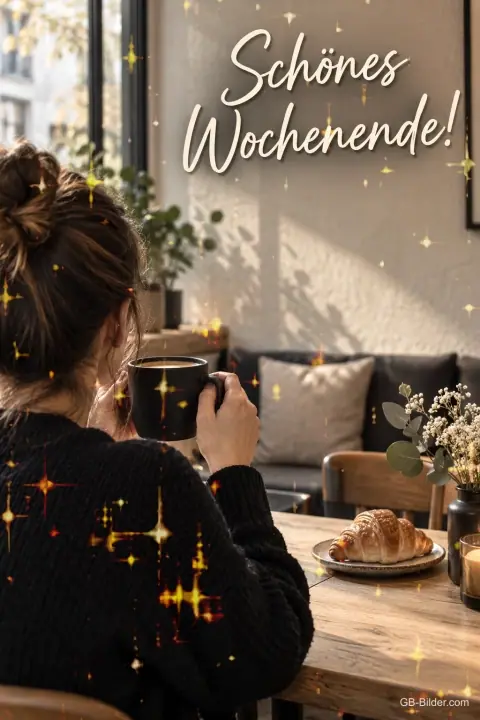 Frau mit Kaffee im Café, Text: Schönes Wochenende!