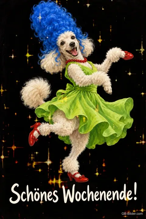 Pudel mit blauer Hochsteckfrisur und grünem Kleid tanzt auf roten Schuhen, Text: Schönes Wochenende!