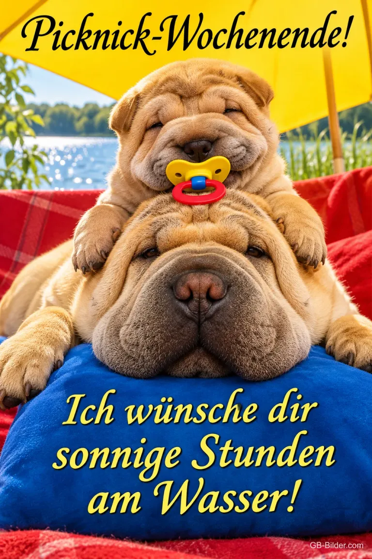 Shar-Pei-Welpe mit Schnuller liegt auf einem größeren Shar-Pei am See, Text: Picknick-Wochenende! Ich wünsche dir sonnige Stunden am Wasser!