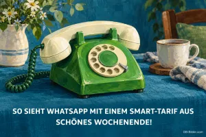 Grünes Wählscheibentelefon, lustiger Spruch: So sieht WhatsApp mit einem Smart-Tarif aus