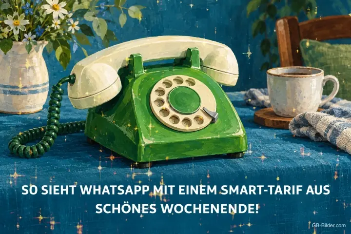 Grünes Wählscheibentelefon, lustiger Spruch: So sieht WhatsApp mit einem Smart-Tarif aus