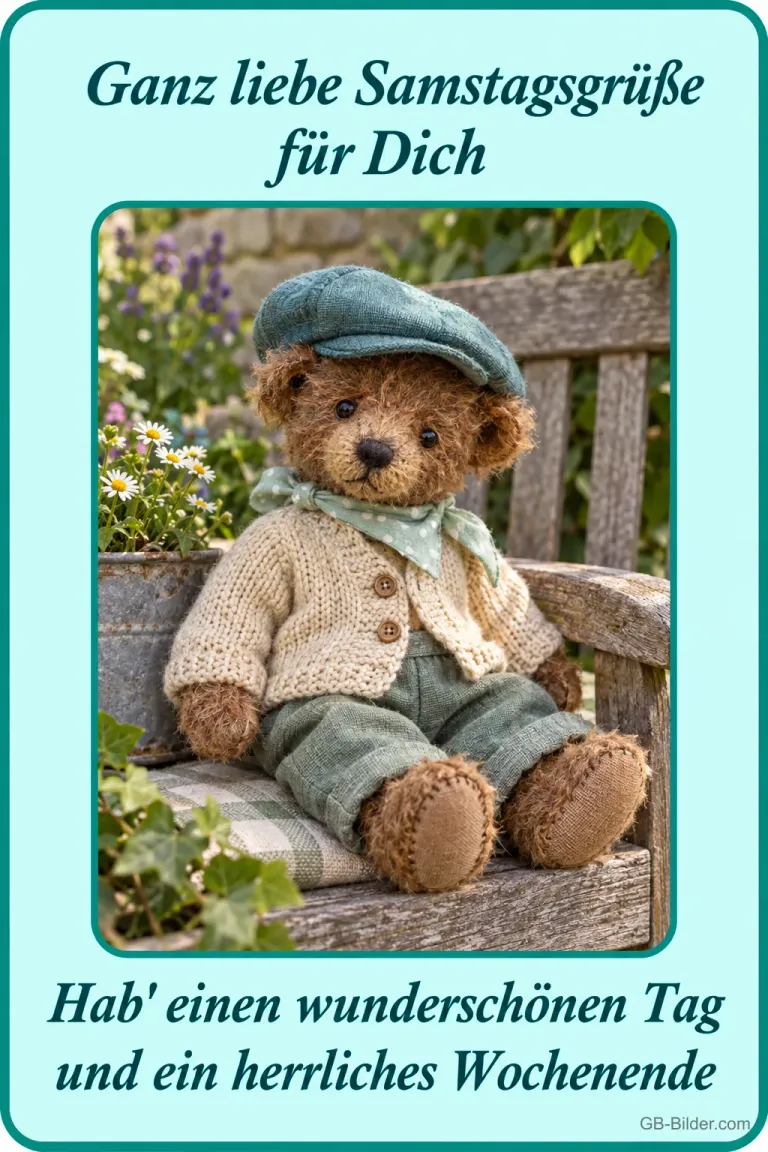 Teddybär mit Mütze, Text: Ganz liebe Samstagsgrüße für Dich