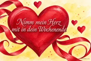 Rotes Herz mit Bändern, Text: Nimm mein Herz mit in dein Wochenende