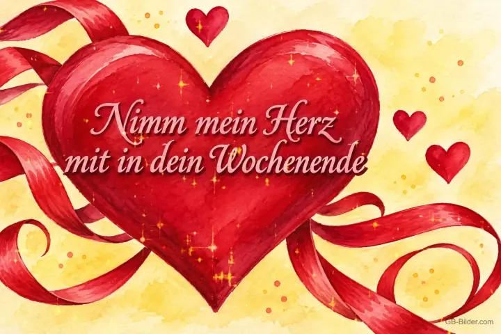 Rotes Herz mit Bändern, Text: Nimm mein Herz mit in dein Wochenende