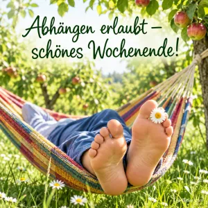 Nackte Füße mit Gänseblümchen schauen aus einer bunten Hängematte unter Apfelbäumen, Text: Abhängen erlaubt – schönes Wochenende!