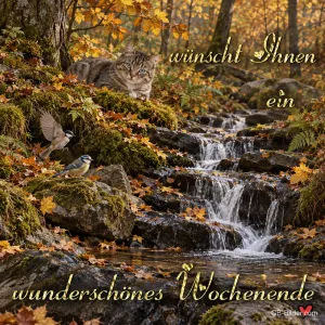 Katze am Wasserfall im Herbstwald, Text: wunderschönes Wochenende
