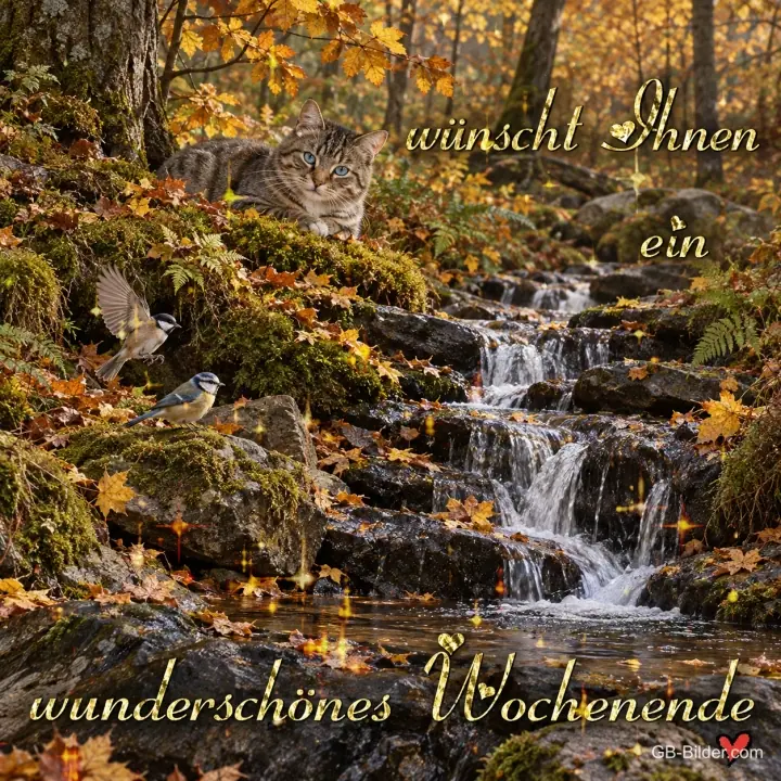 Katze am Wasserfall im Herbstwald, Text: wunderschönes Wochenende