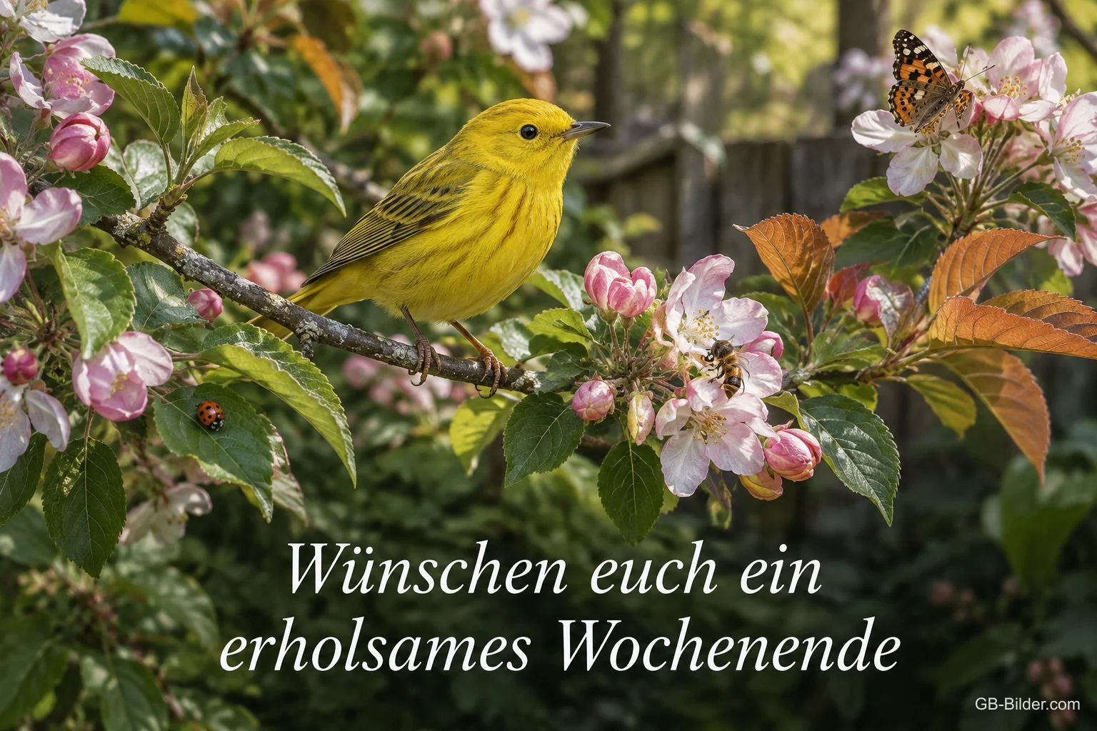 Vogel auf dem Apfelzweig, Text: Wünschen euch ein erholsames Wochenende