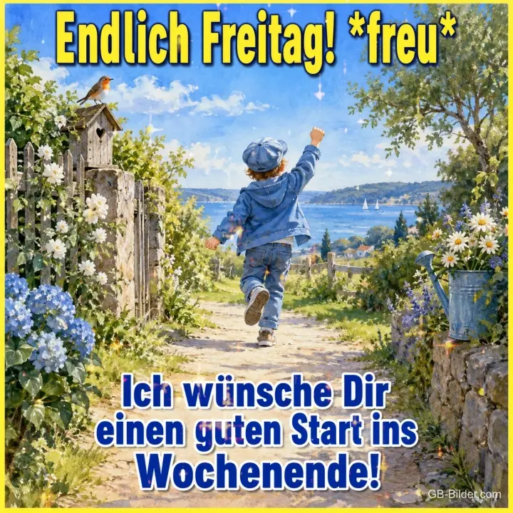 Jubelnder Junge auf dem Gartenweg, Text: Endlich Freitag! Guten Start ins Wochenende!