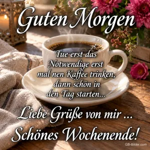 Tasse Kaffee auf einem Leinentuch neben roten Blumen, Text: Guten Morgen – Tue erst das Notwendige: erst mal nen Kaffee trinken, dann schön in den Tag starten … Liebe Grüße von mir … Schönes Wochenende!