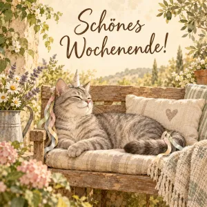 Katze mit Einhornhorn auf der Gartenbank, Text: Schönes Wochenende!