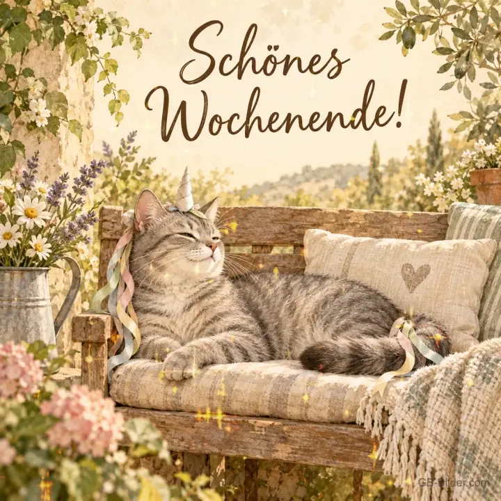 Katze mit Einhornhorn auf der Gartenbank, Text: Schönes Wochenende!