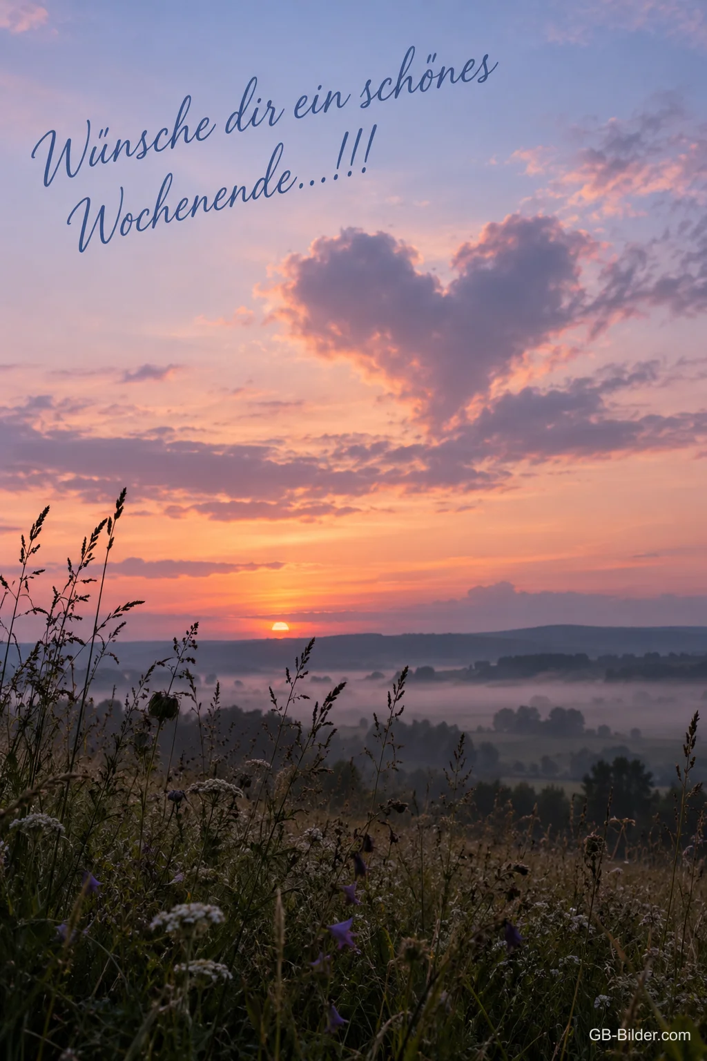 Herzförmige Wolke über einer Wiese im Abendrot, Text: Wünsche dir ein schönes Wochenende …!!!