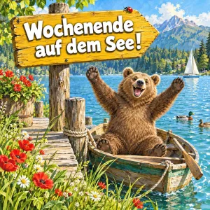Bär jubelt in einem Ruderboot am Steg eines Bergsees, Text: Wochenende auf dem See!