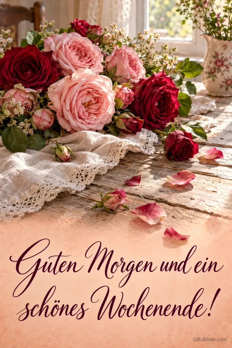 Rosenstrauß auf einer Spitzendecke am Fenster, Text: Guten Morgen und ein schönes Wochenende!