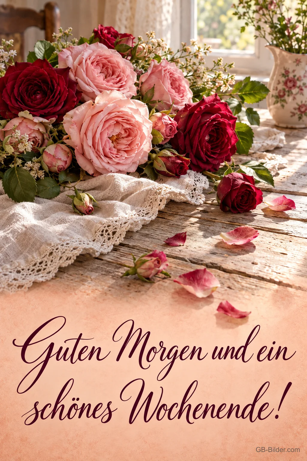 Rosenstrauß auf einer Spitzendecke am Fenster, Text: Guten Morgen und ein schönes Wochenende!